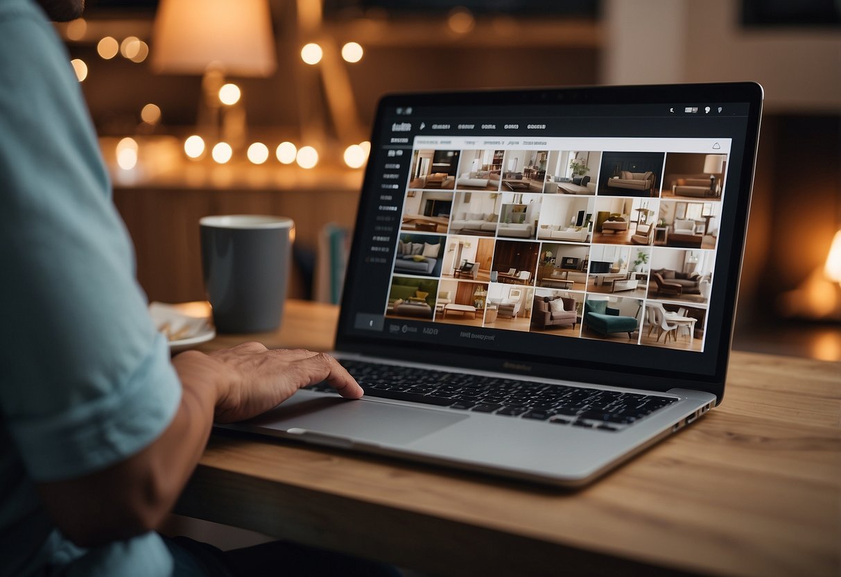 A person browsing furniture online, comparing prices, and making a purchase within their budget for their new home