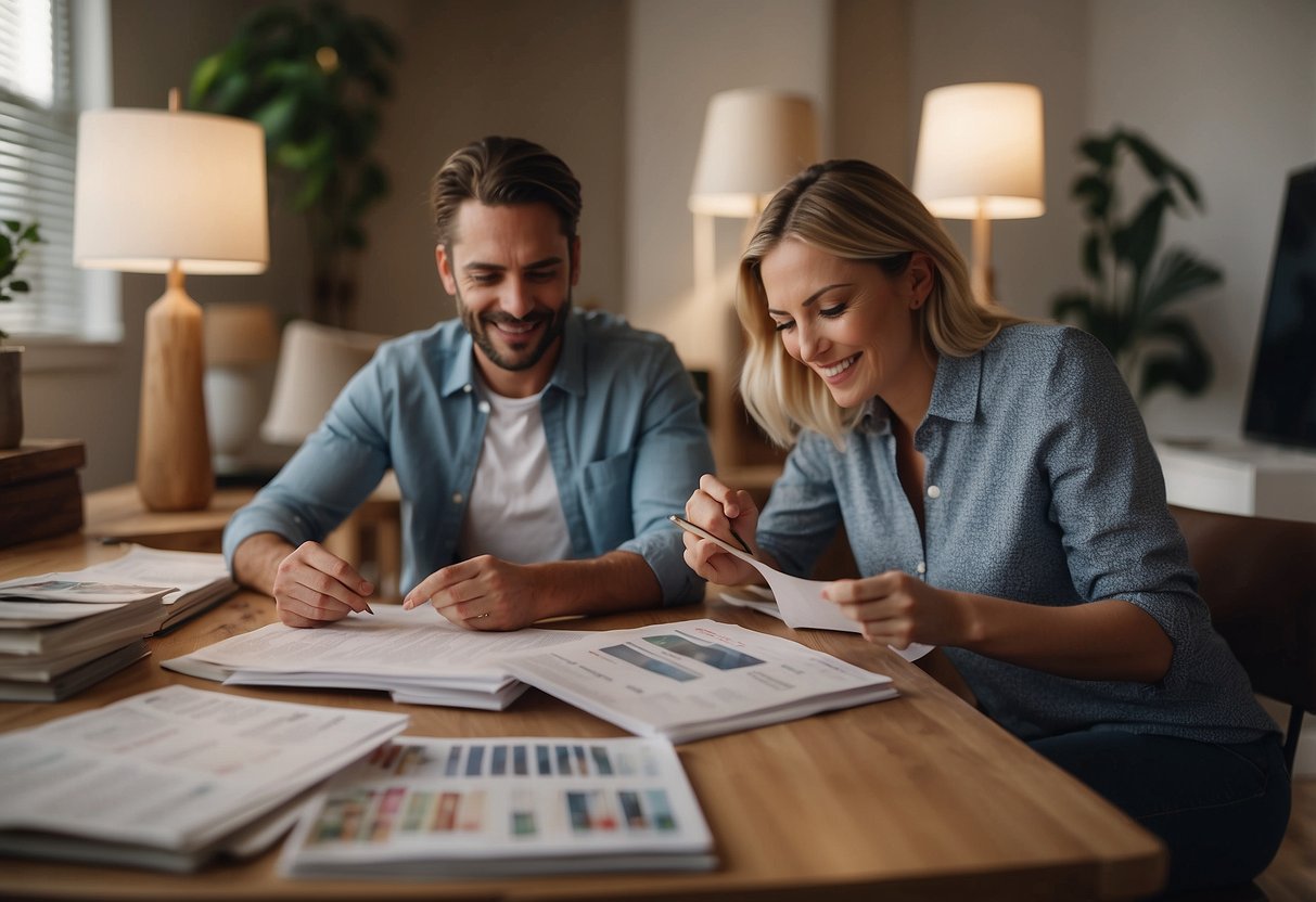 A couple sits at a table, surrounded by furniture catalogs and budget spreadsheets, discussing their options for furnishing their new home