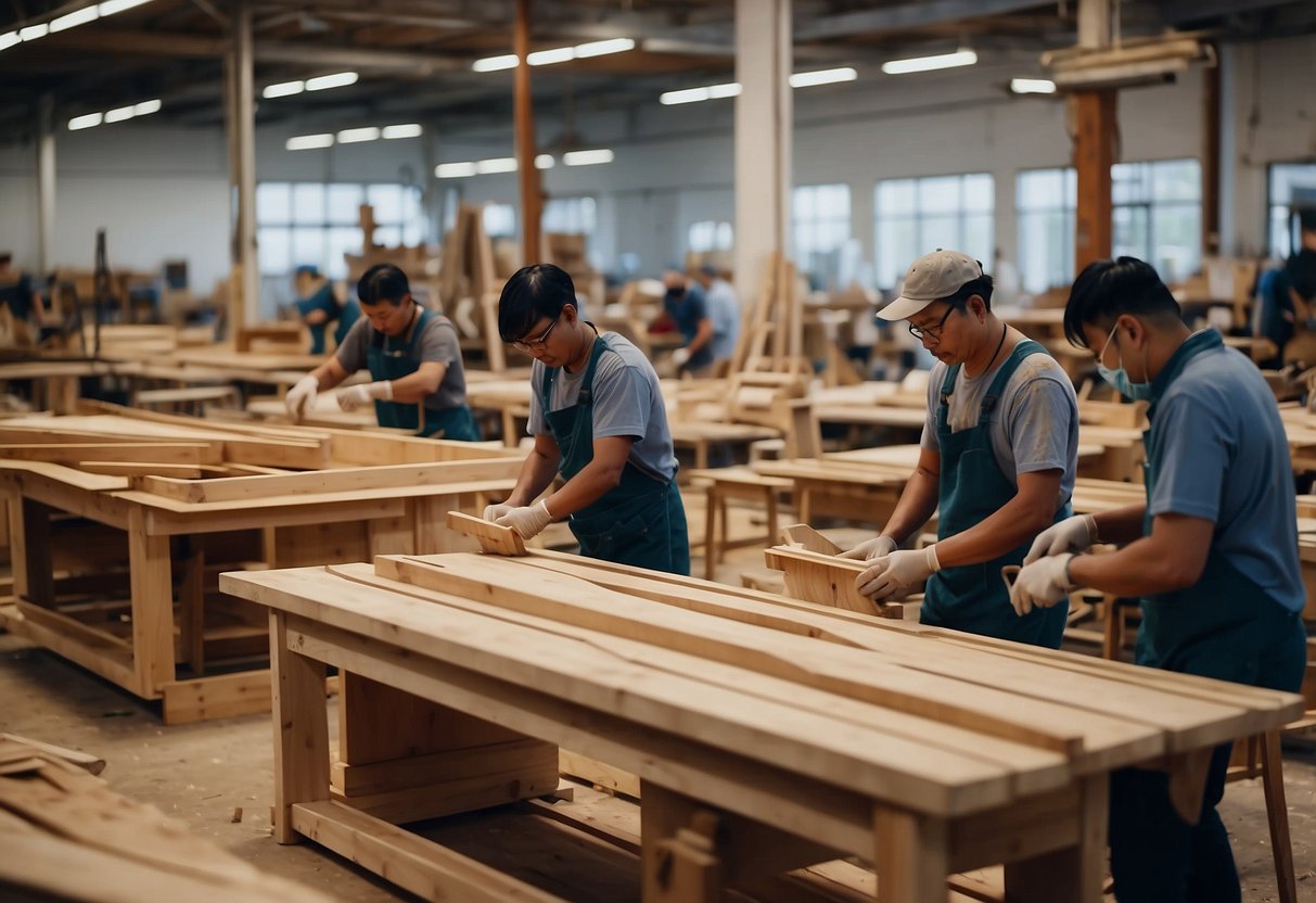 A bustling furniture workshop with workers assembling wooden chairs and tables at Teck Seng Furniture. Sawdust fills the air as machines hum in the background