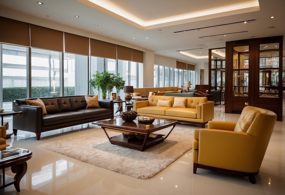A spacious showroom filled with modern and classic furniture pieces, bathed in natural light from large windows. Rich textures and vibrant colors create an inviting atmosphere for customers to explore Teck Seng Furniture's range