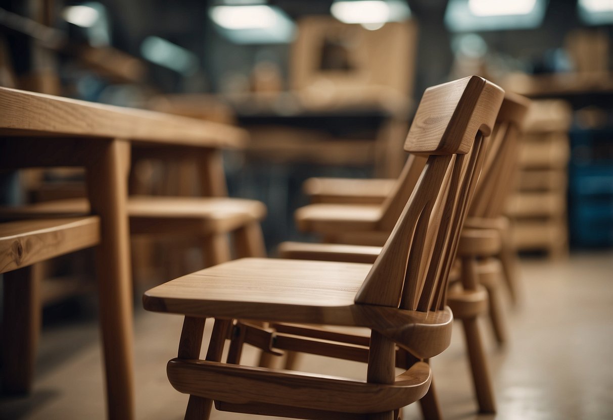 A wooden chair being carefully crafted with precision tools and sustainable materials at Teck Seng Furniture