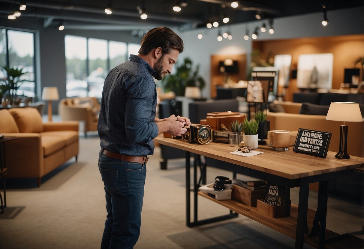 A customer browsing through a variety of furniture items with the "Frequently Asked Questions" sign displayed prominently in the background