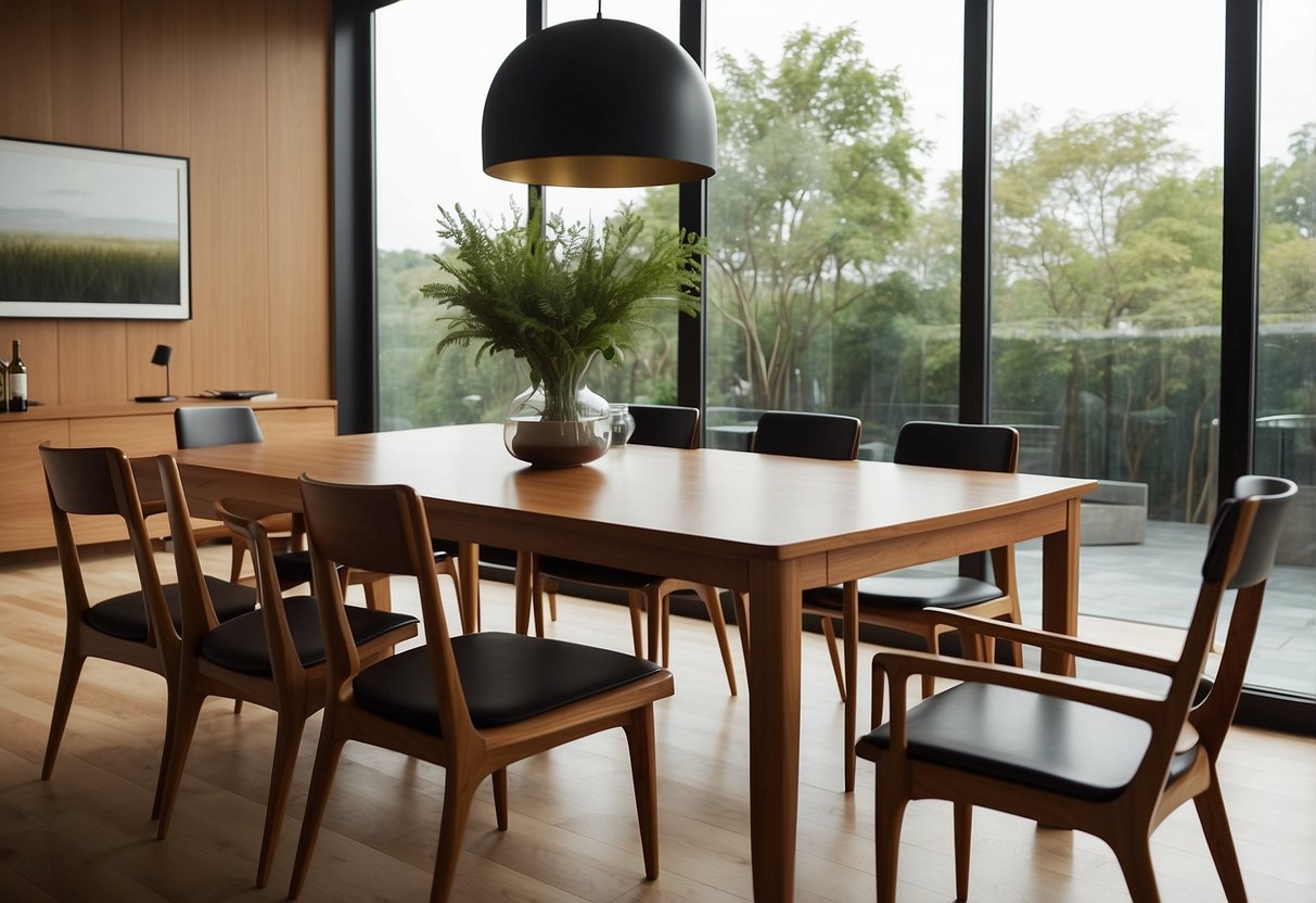 A sleek teak dining table surrounded by matching chairs, set against a backdrop of minimalist decor and large windows letting in natural light