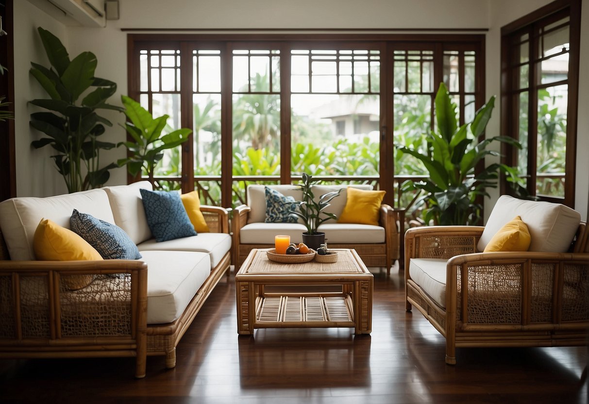 A modern living room with Filipino-inspired furniture, featuring rattan chairs, wooden tables, and vibrant textiles