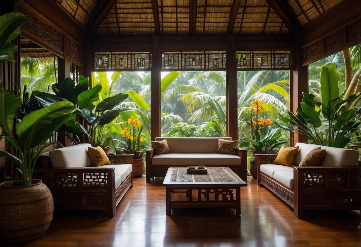 A cozy living room with traditional Filipino furniture, featuring intricate carvings and vibrant colors, surrounded by lush tropical plants