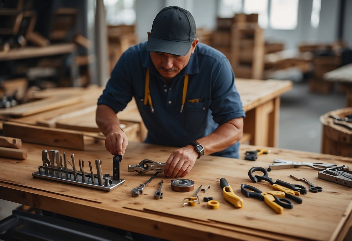 A person assembling teak furniture with tools and a manual