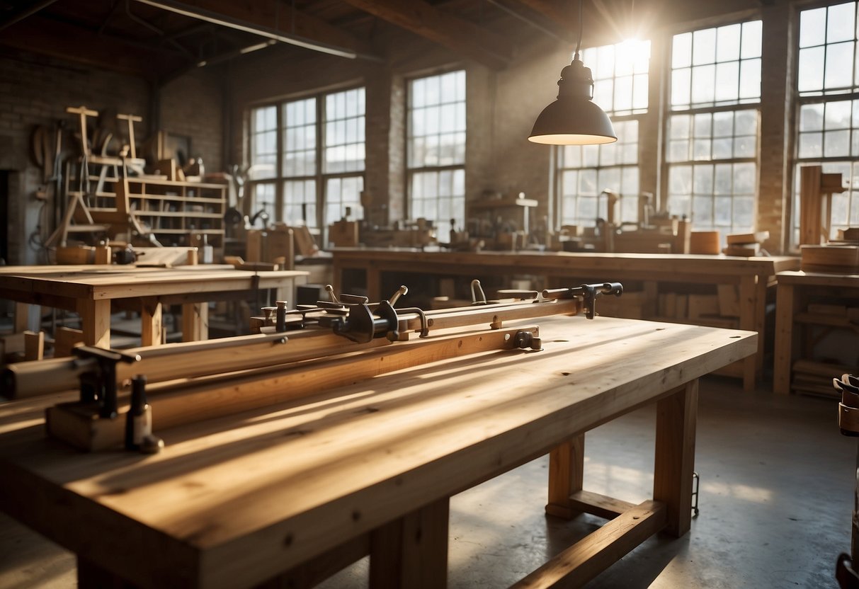 A woodworking workshop with tools, wood planks, and furniture prototypes on display. Sunlight streams through large windows, illuminating the space