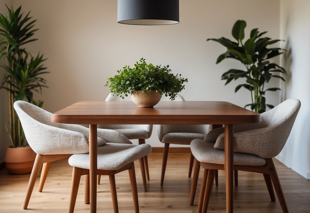 A sleek teak dining table surrounded by contemporary chairs, with a minimalist bookshelf and potted plants in the background