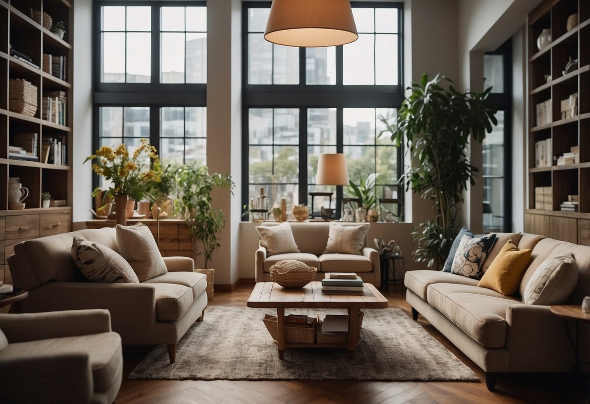 A room with various furniture and fixtures, such as chairs, tables, lamps, and decorative items, organized in a list format