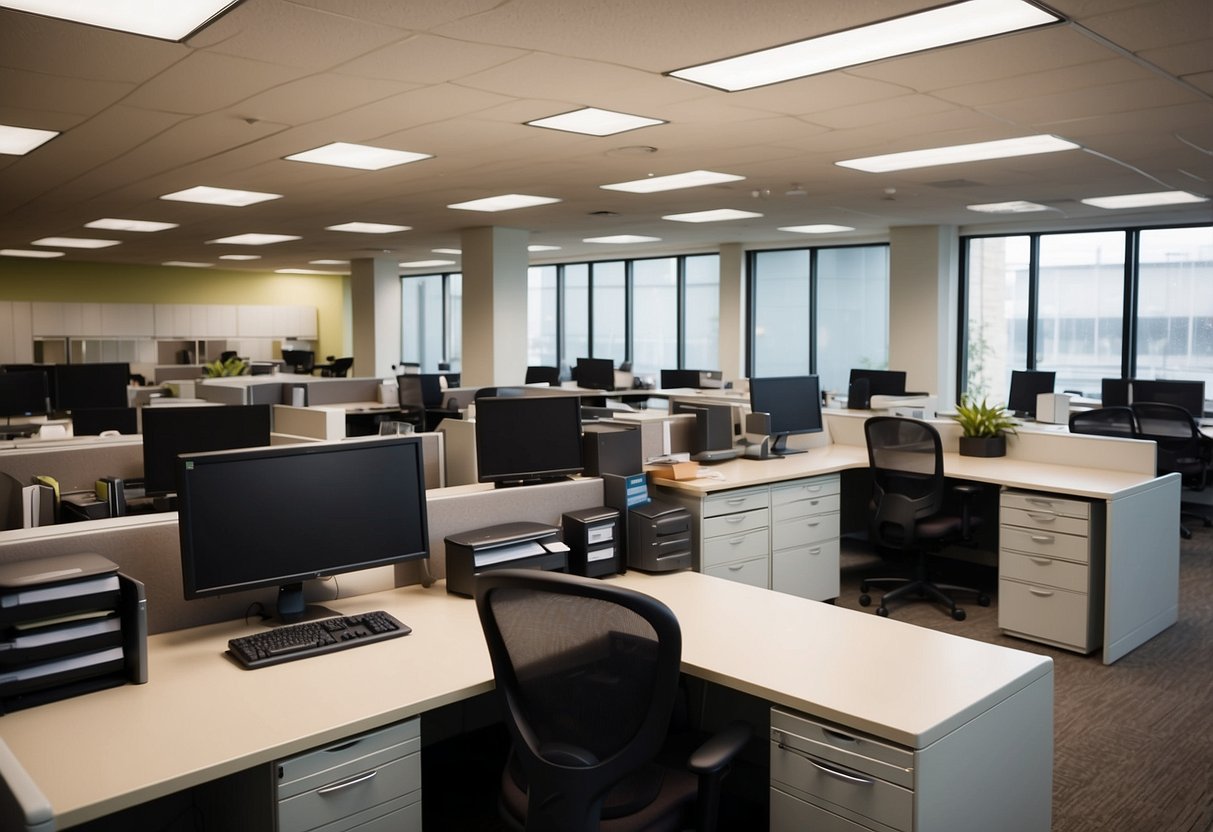 A room filled with office furniture, fixtures, and equipment. Desks, chairs, computers, printers, and filing cabinets are neatly arranged. The space is well-lit and organized, with a professional atmosphere