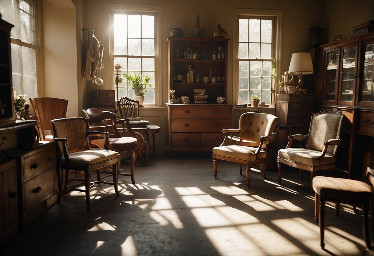 A cluttered room filled with vintage chairs, tables, and cabinets. Sunlight filters through the window, casting shadows on the worn furniture