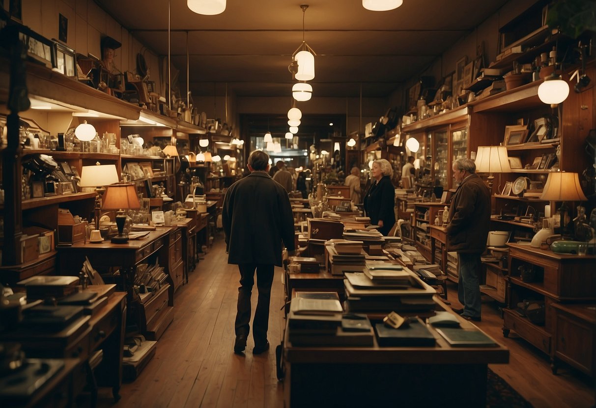 A cluttered thrift store with shelves of old furniture, dim lighting, and customers browsing for bargains