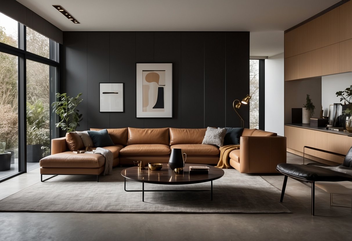 A modern living room with Molteni furniture, featuring sleek and elegant designs. Bright lighting and clean lines highlight the sophisticated pieces