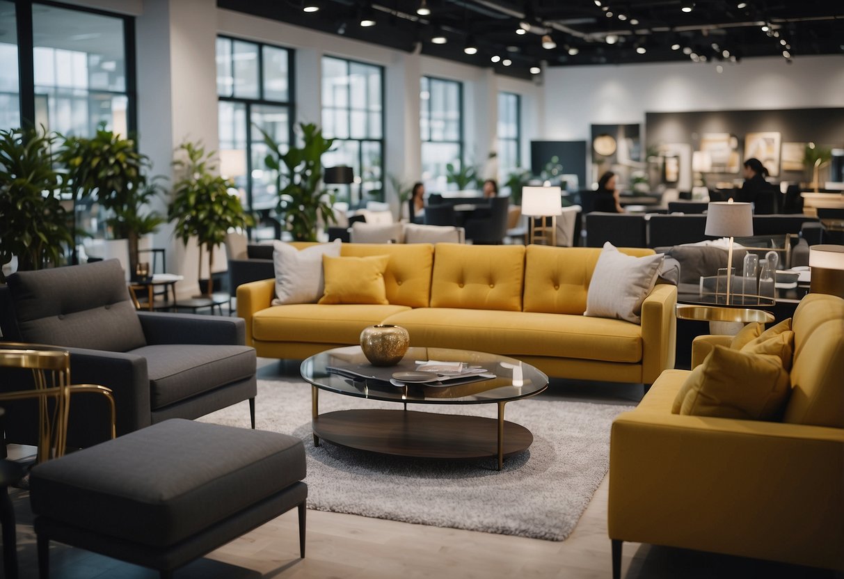 A bustling showroom with modern furniture displays and customers browsing