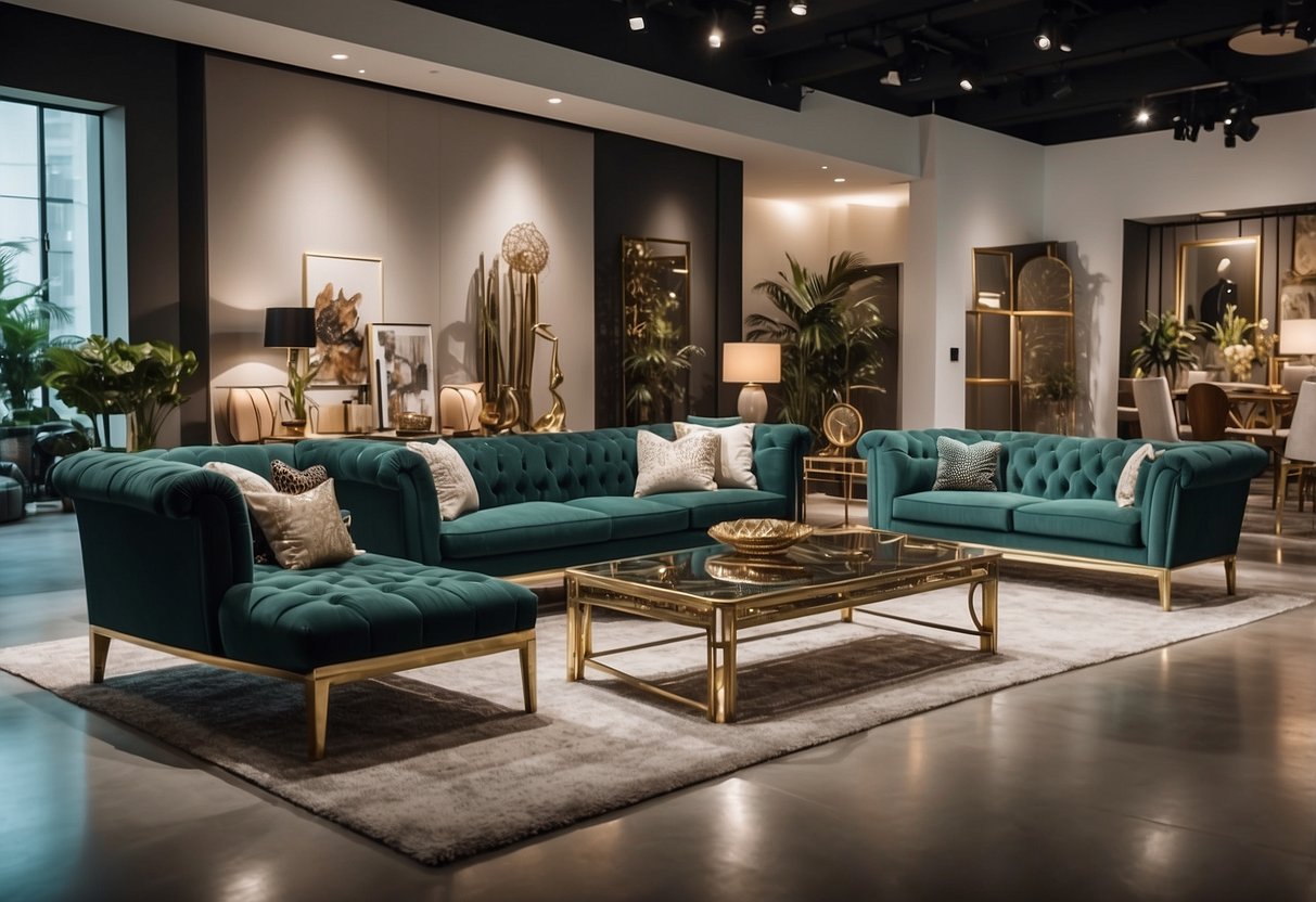 A showroom filled with modern and luxurious furniture pieces, arranged in stylish displays, showcasing Mega Furniture's Collections