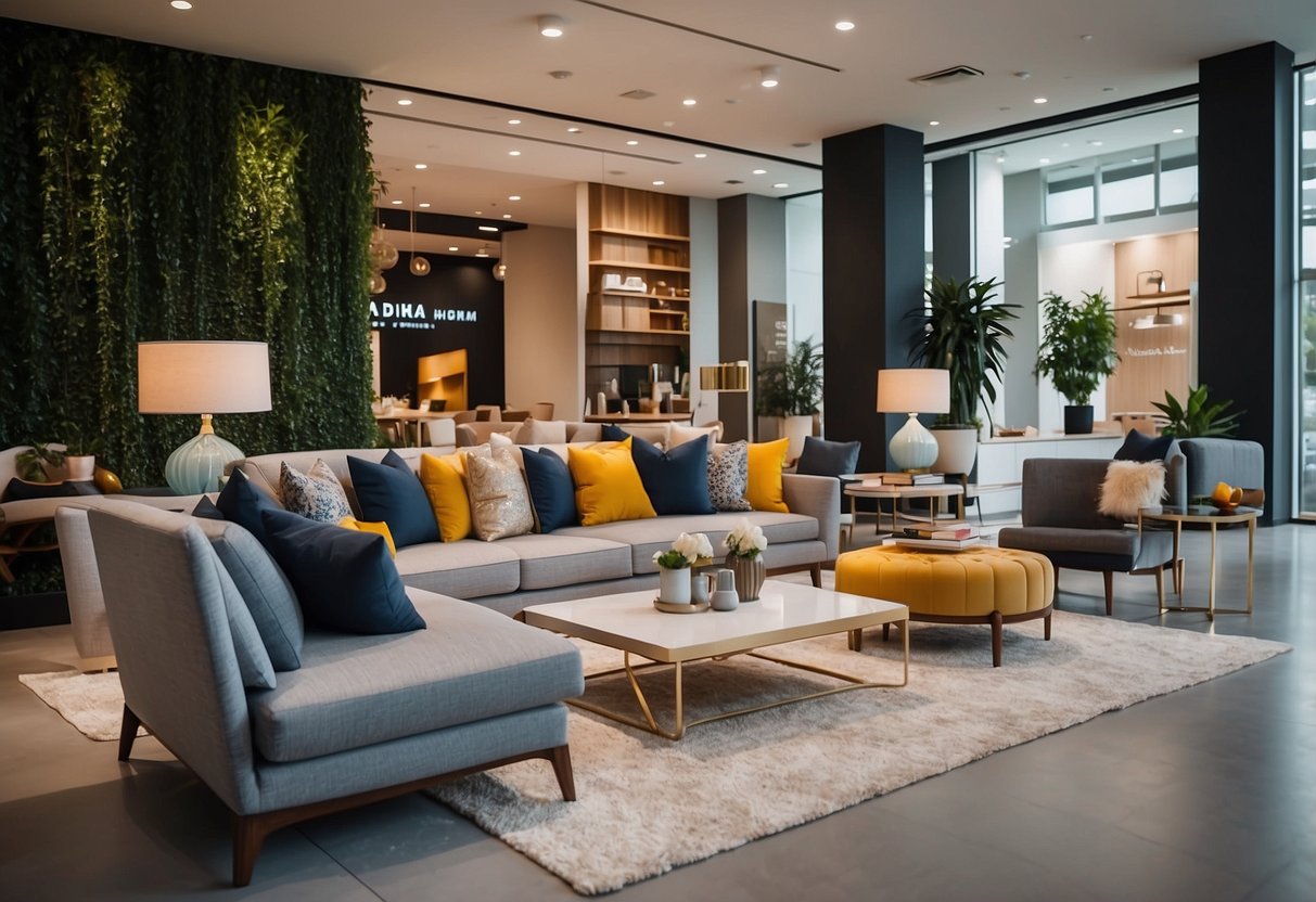 A bright showroom with modern furniture displays. Mega Furniture logo prominent. Customers browsing and talking to sales staff