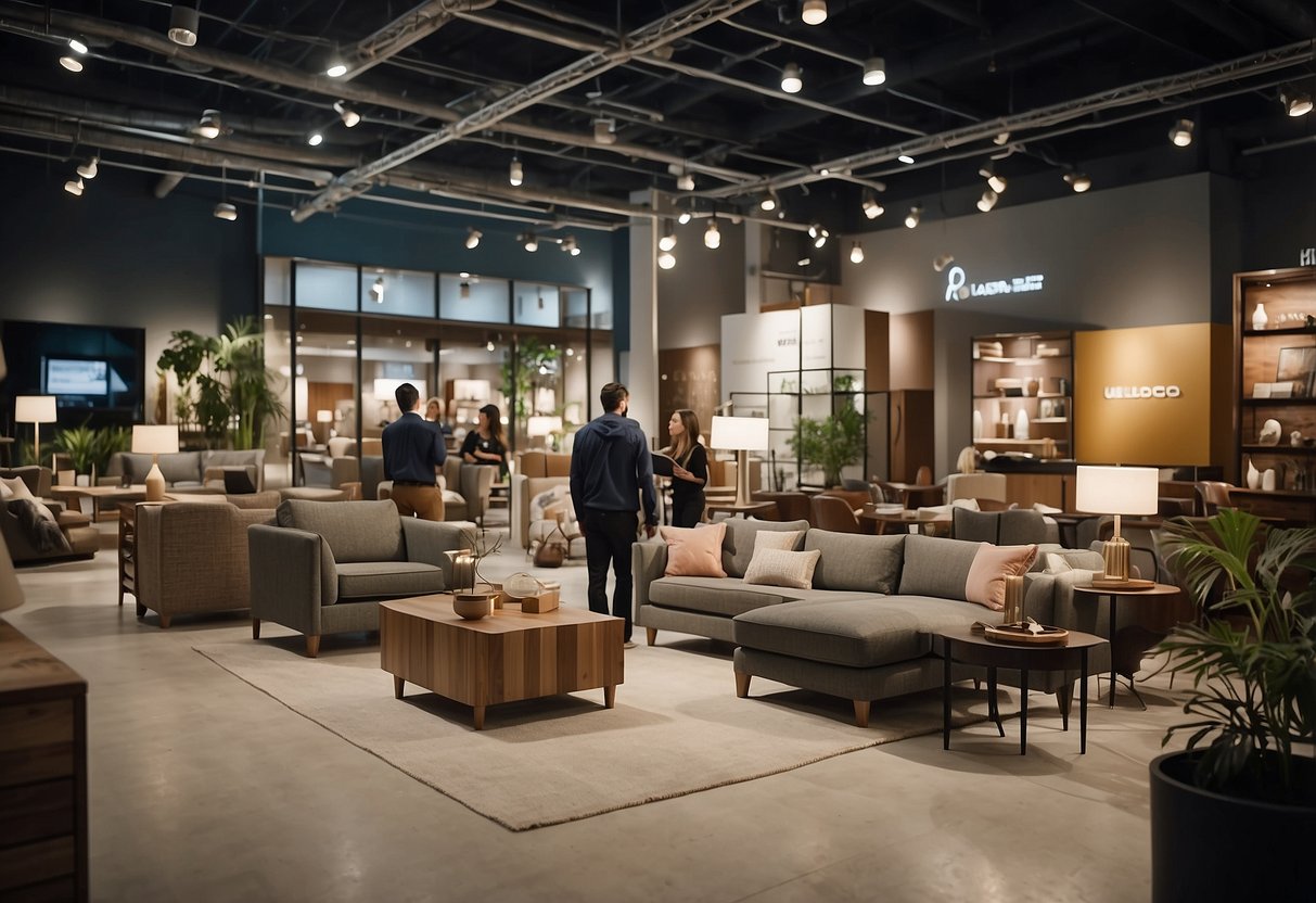 A bustling furniture showroom with customers browsing, staff assisting, and a prominent "Frequently Asked Questions" display