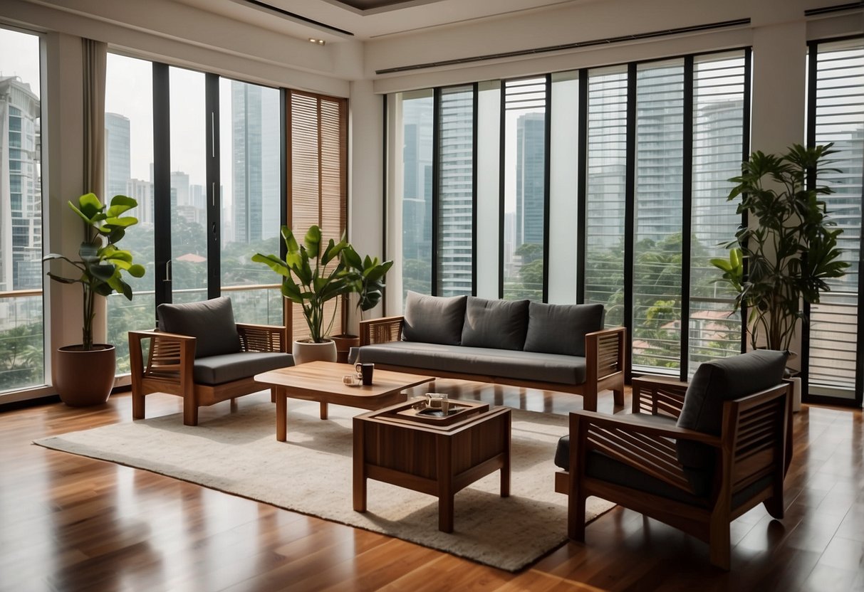 A modern living room with teak furniture in Singapore. Bright natural light streams in through large windows, highlighting the rich, warm tones of the wood