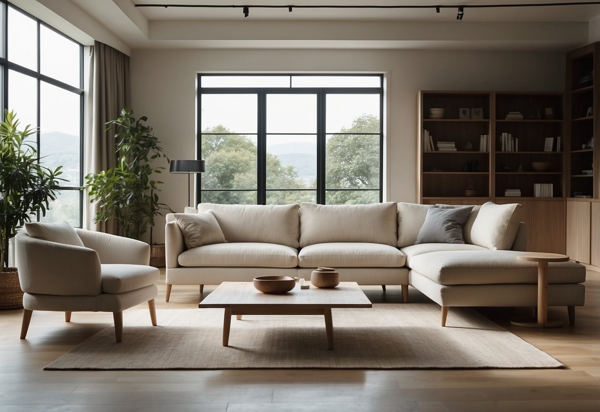A modern living room with Muji storage furniture, minimalist design, clean lines, and neutral colors