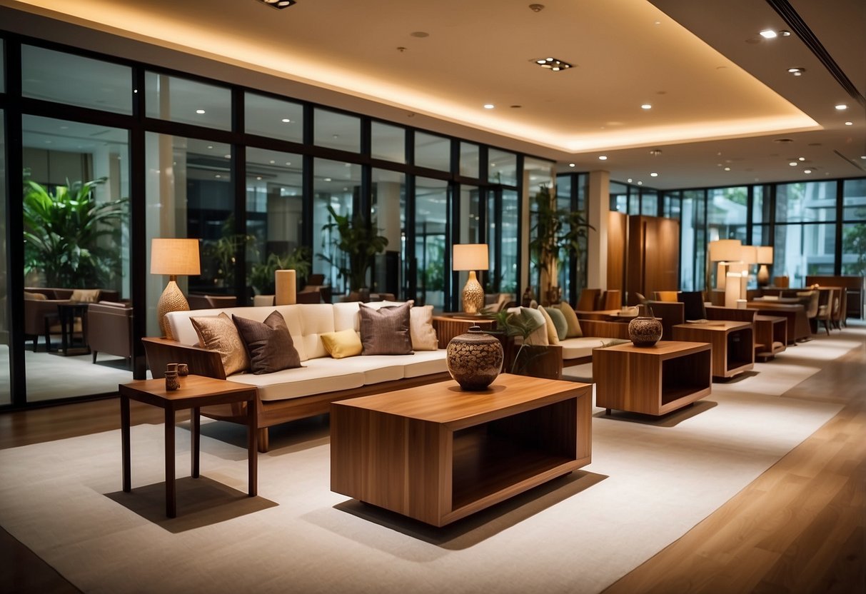 A showroom in Singapore displays teak furniture. Light filters through the large windows, highlighting the rich wood grain and intricate designs