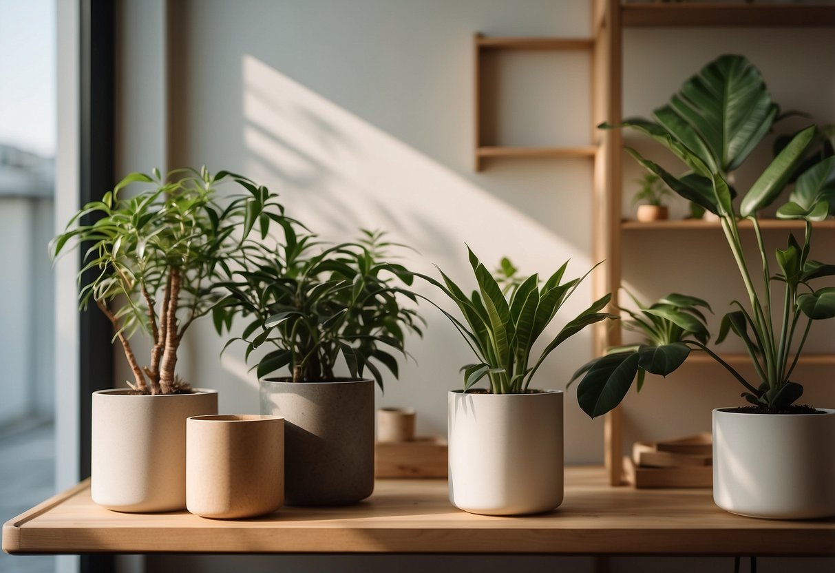 A minimalist Muji storage furniture piece sits in a sunlit room, surrounded by potted plants and natural materials, embodying the brand's sustainability and design philosophy