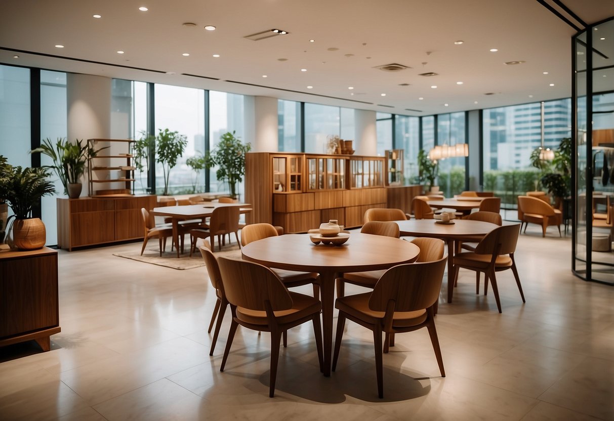 A showroom in Singapore displays teak furniture, with elegant tables, chairs, and cabinets arranged in a well-lit space