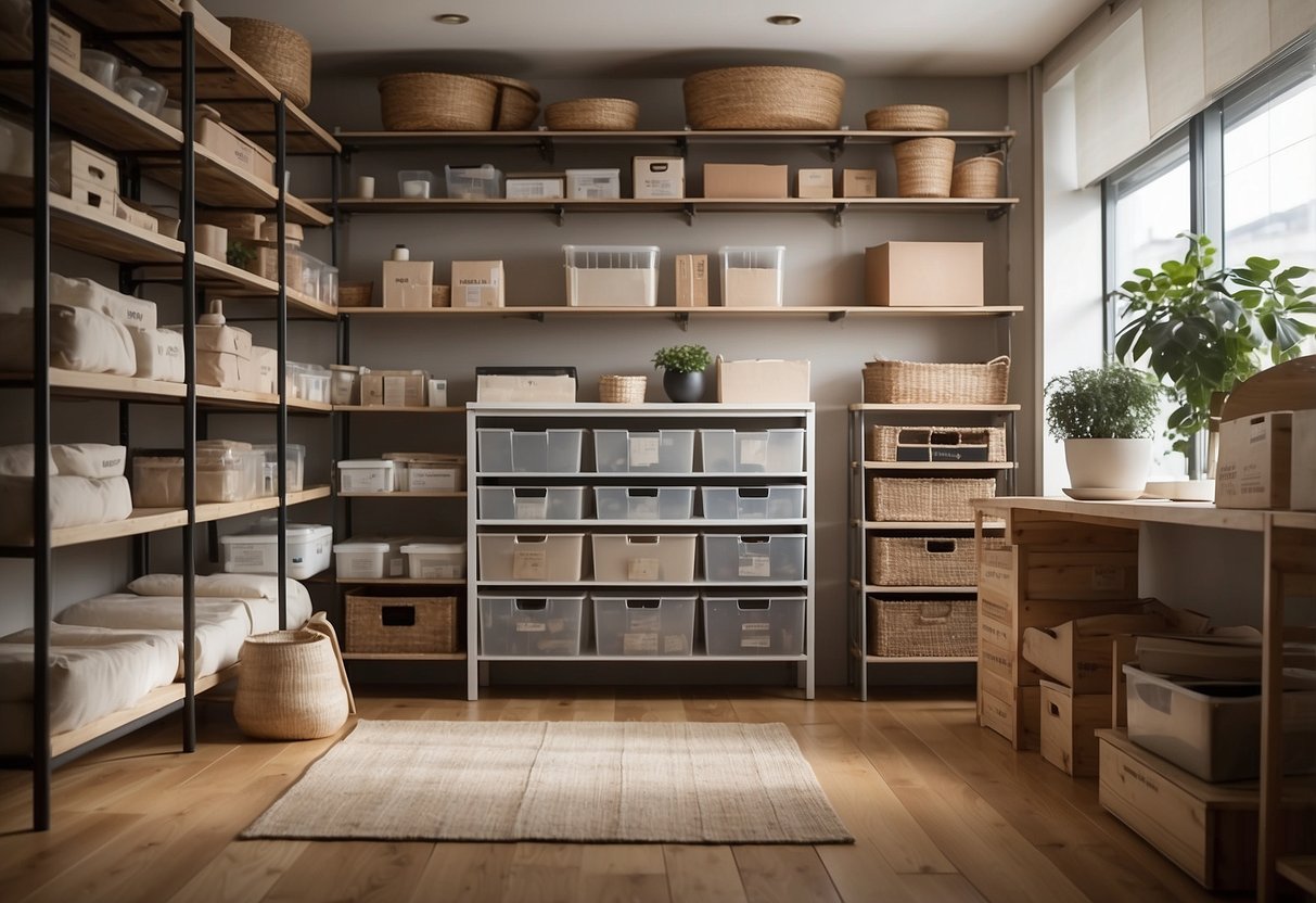 A neat and organized room with various Muji storage furniture pieces, including shelves, drawers, and bins, neatly arranged and labeled for easy access