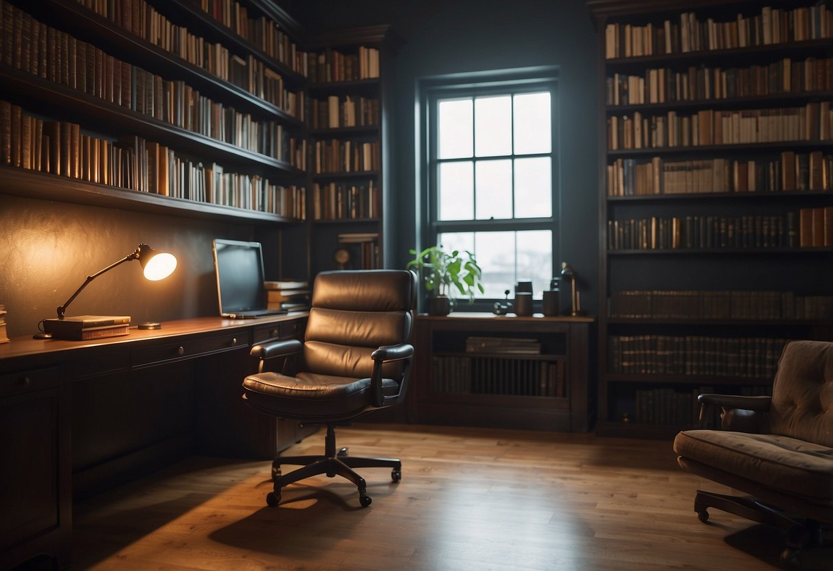 A room with a desk, chair, and bookshelf. A laptop and lamp sit on the desk. The chair is comfortable and the bookshelf is filled with books