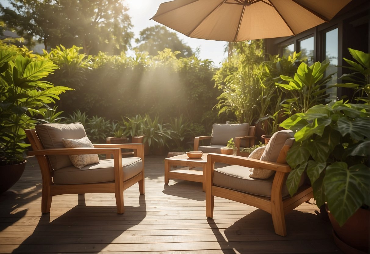 A cozy outdoor patio with teak furniture, surrounded by lush greenery and bathed in warm sunlight. The furniture includes a table, chairs, and a lounge chair, all crafted from beautiful, richly colored teak wood