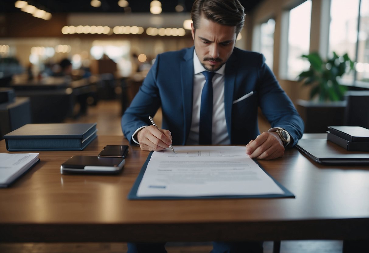 A person signing paperwork at a furniture store. A loan officer explaining terms. Show a table, chairs, and loan documents on a desk