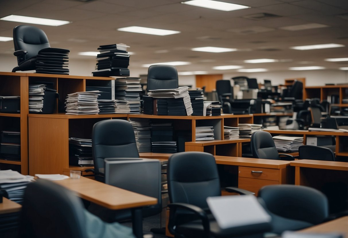 Office chairs stacked in a corner. Desks disassembled and piled up. Shelves being emptied of files. The room is in disarray as the office furniture is being liquidated