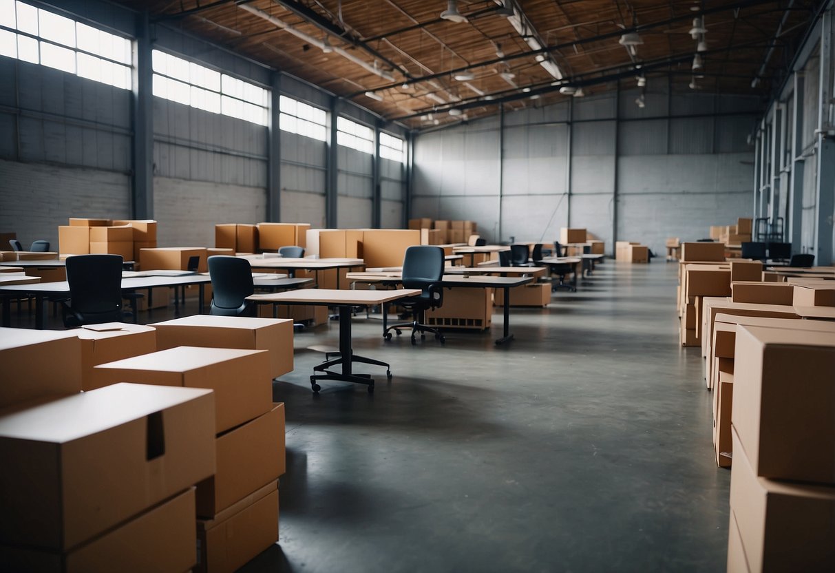 Office furniture stacked in a warehouse, workers moving desks and chairs onto trucks. Empty office space with bare walls and floors