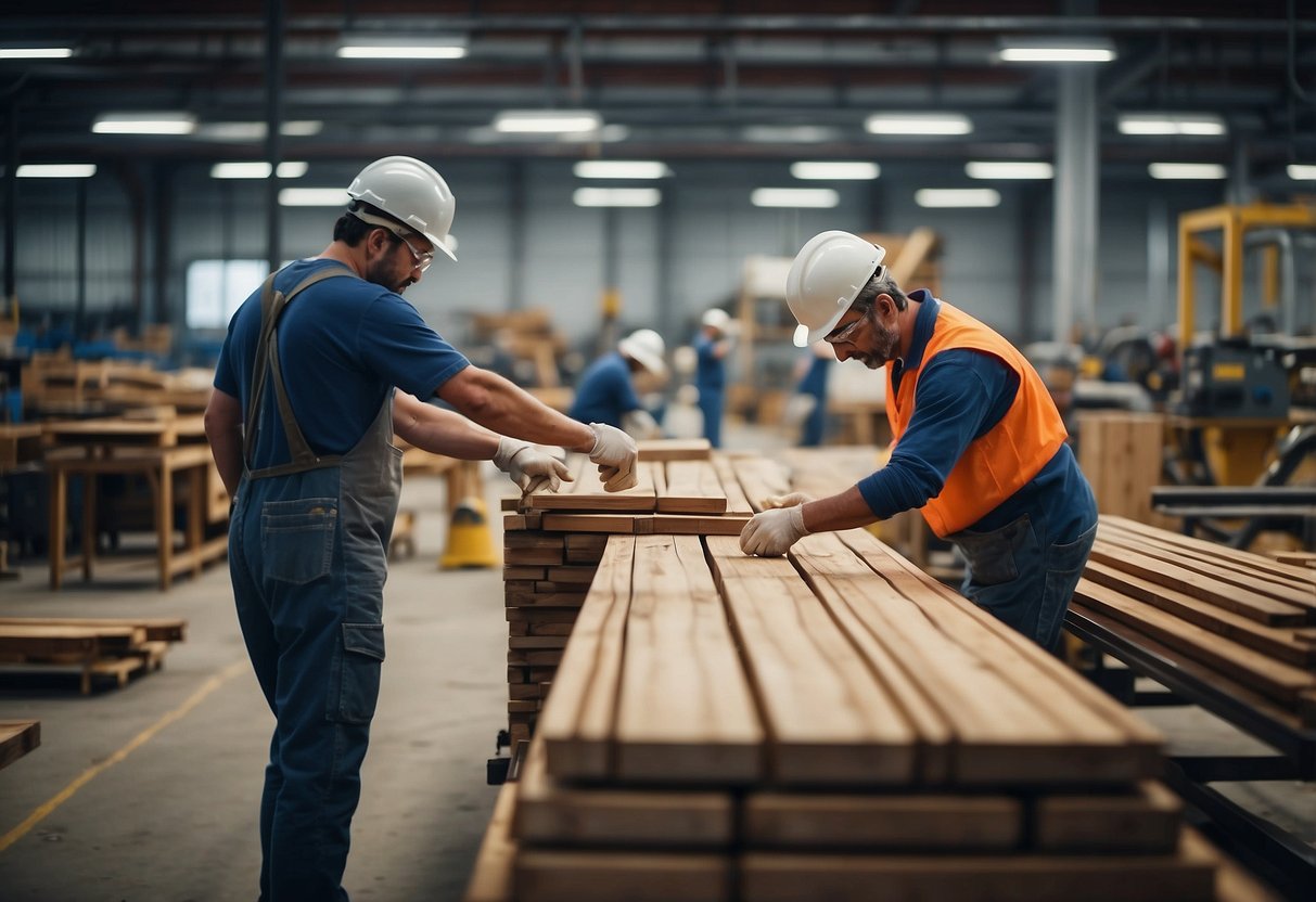 Machines shaping wood, assembly lines, workers in safety gear, stacks of raw materials, finished products in a large industrial space