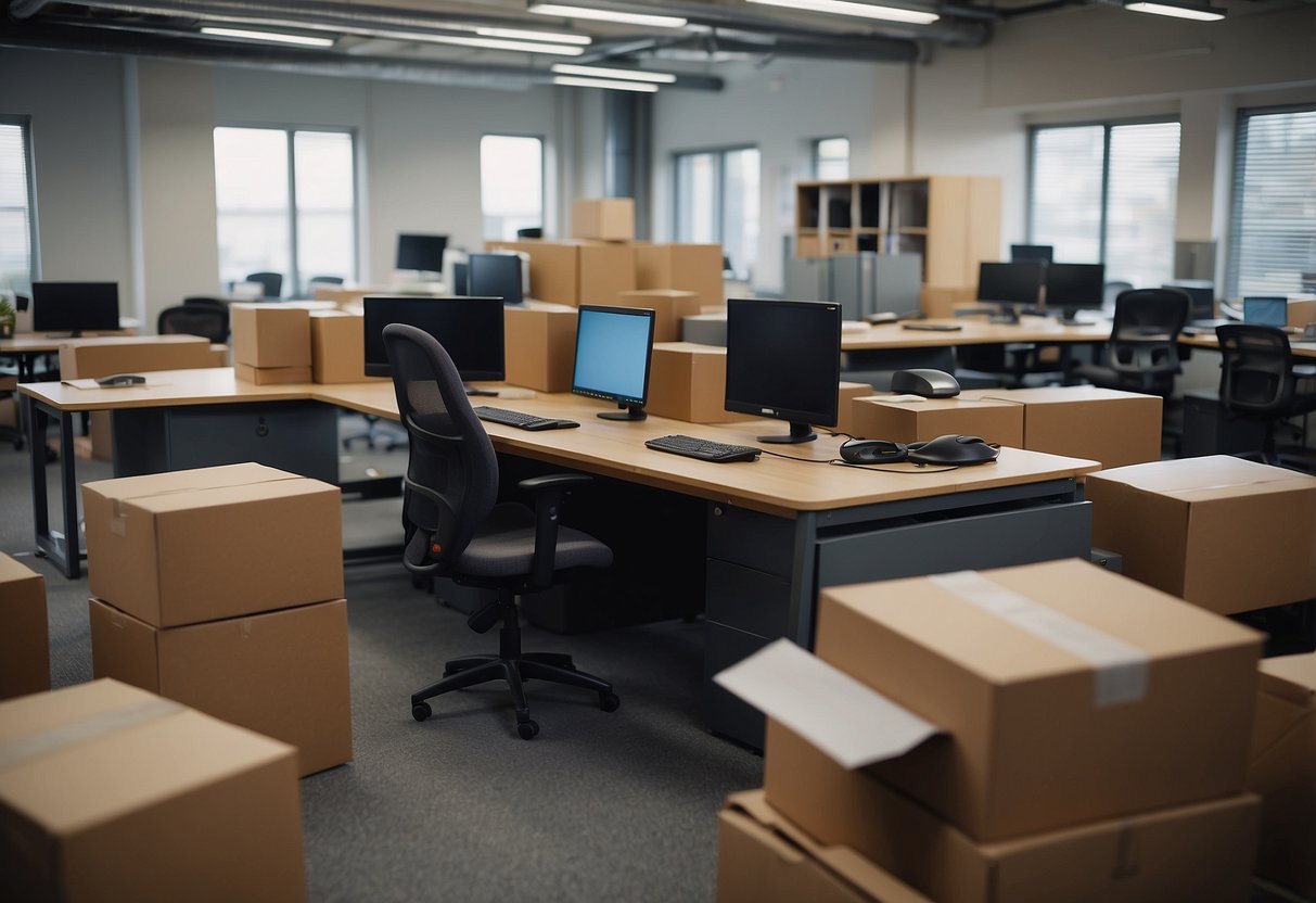 Office furniture being dismantled and removed by workers. Empty desks and chairs stacked in a corner. Boxes being loaded onto a truck outside