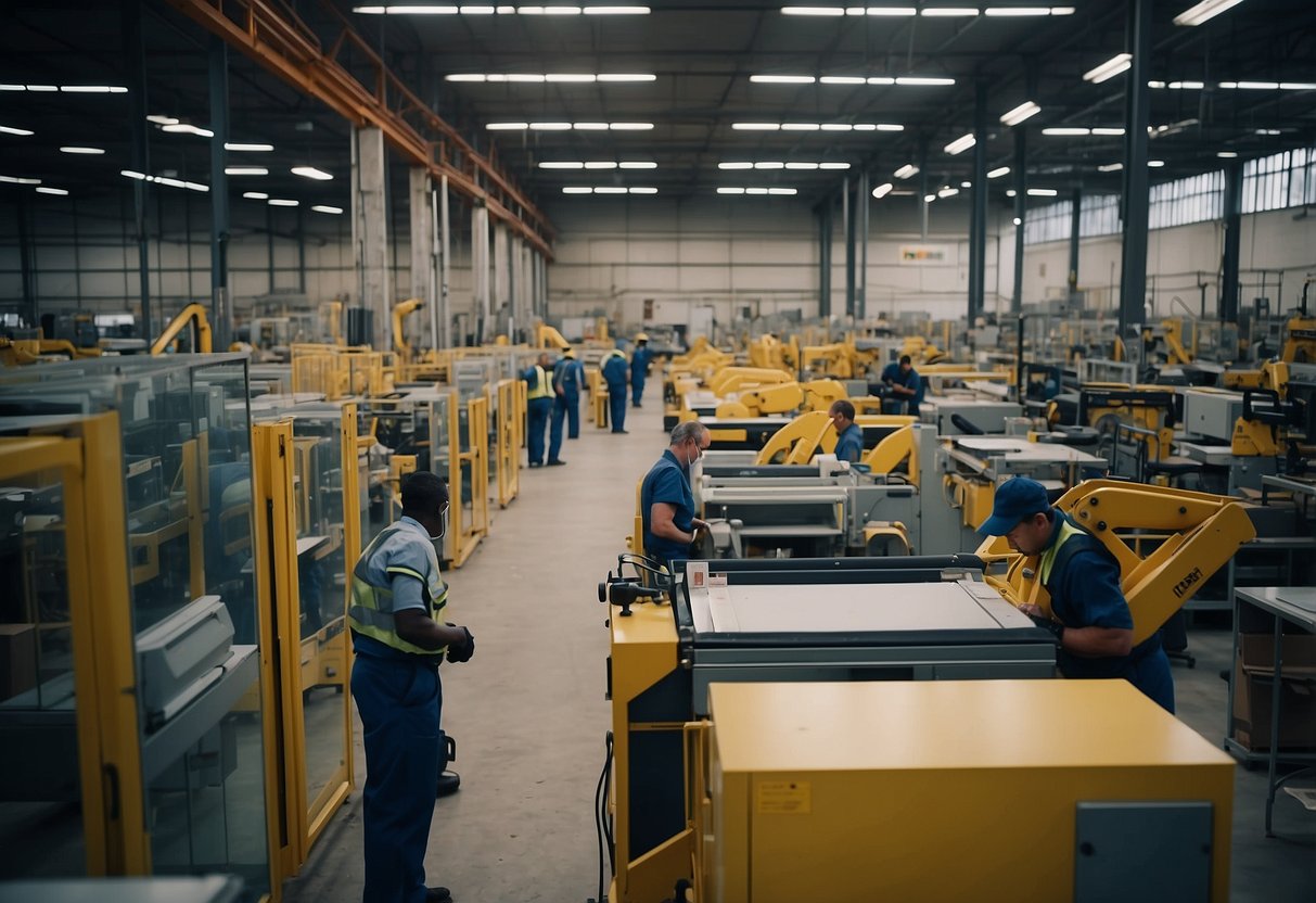 Machinery hums as workers assemble furniture in a bustling factory, while managers strategize for growth in a modern office
