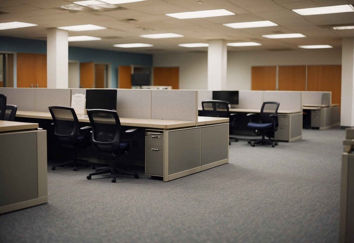 An office space with empty desks, chairs, and filing cabinets. A sign on the wall reads "Frequently Asked Questions office furniture liquidation."