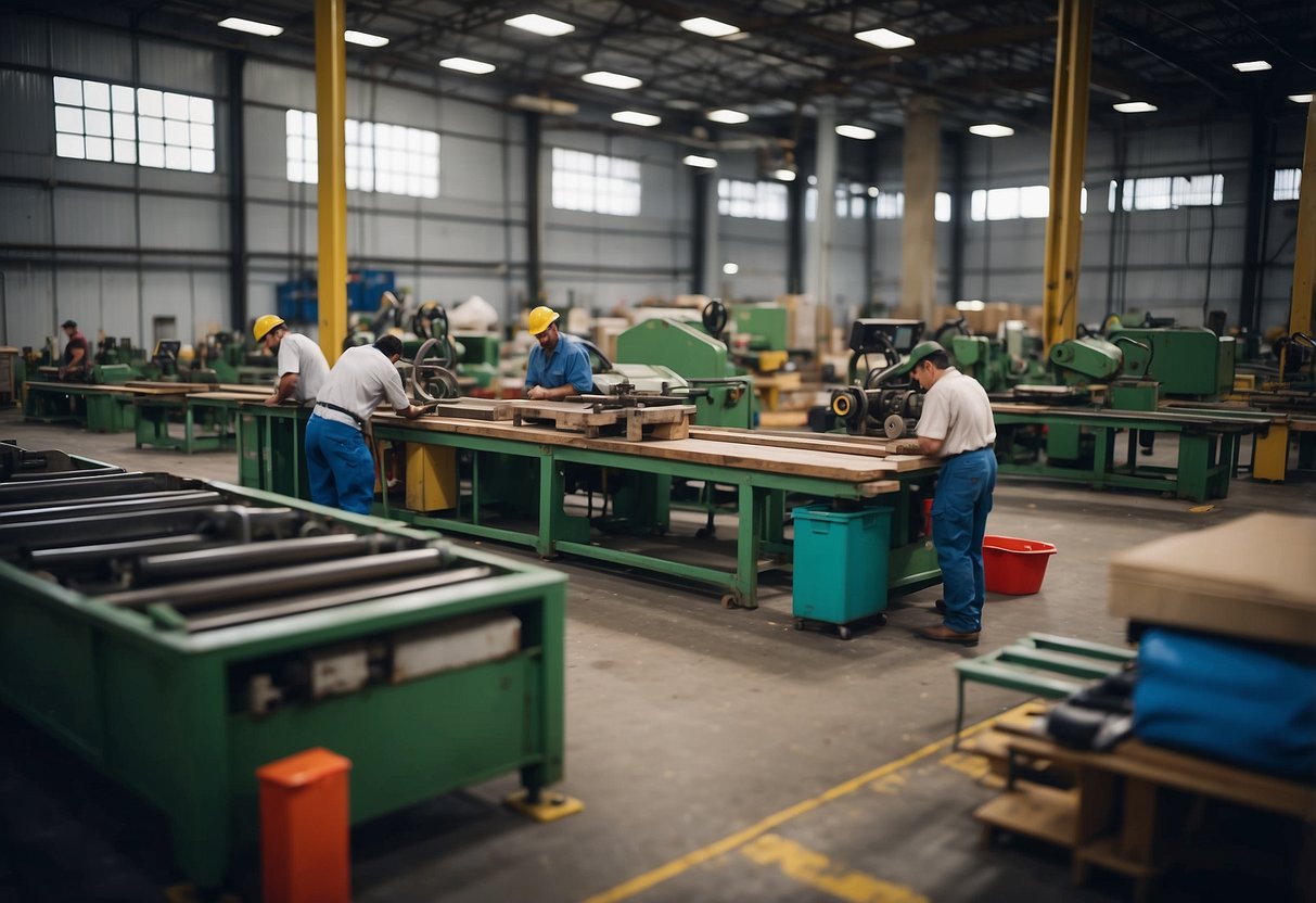 Machinery hums as workers assemble furniture in a large, well-lit factory. Piles of raw materials and finished products line the floor, while workers consult manuals and blueprints