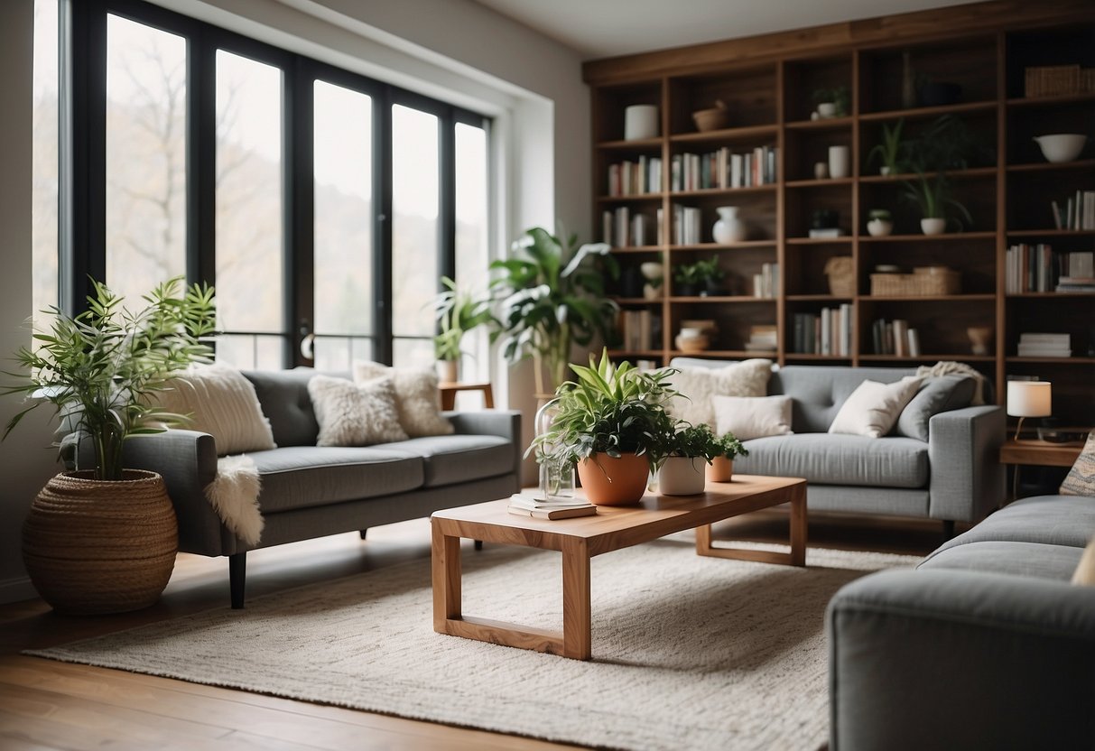 A cozy living room with Namu wood furniture, including a sleek coffee table, a comfortable sofa, and a stylish bookshelf filled with plants and books