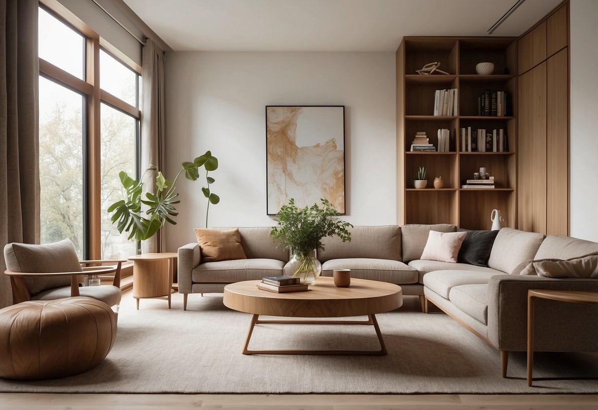 A cozy living room with Namu wood furniture: a sleek coffee table, elegant chairs, and a minimalist bookshelf, all bathed in warm natural light