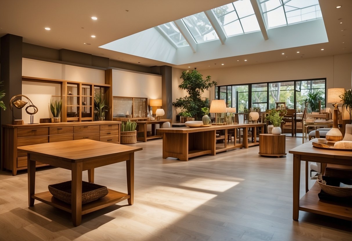 The Namu Wood Furniture Showroom is filled with elegant, handcrafted pieces. Natural light streams in, highlighting the rich textures and warm tones of the wood. Various furniture arrangements showcase the versatility and beauty of the designs