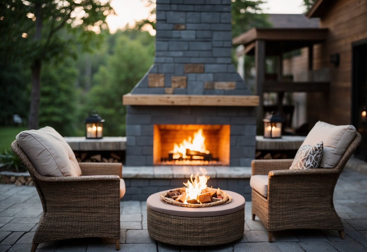 A cozy outdoor fireplace with a set of comfortable furniture arranged around it, creating a warm and inviting atmosphere for relaxation and socializing