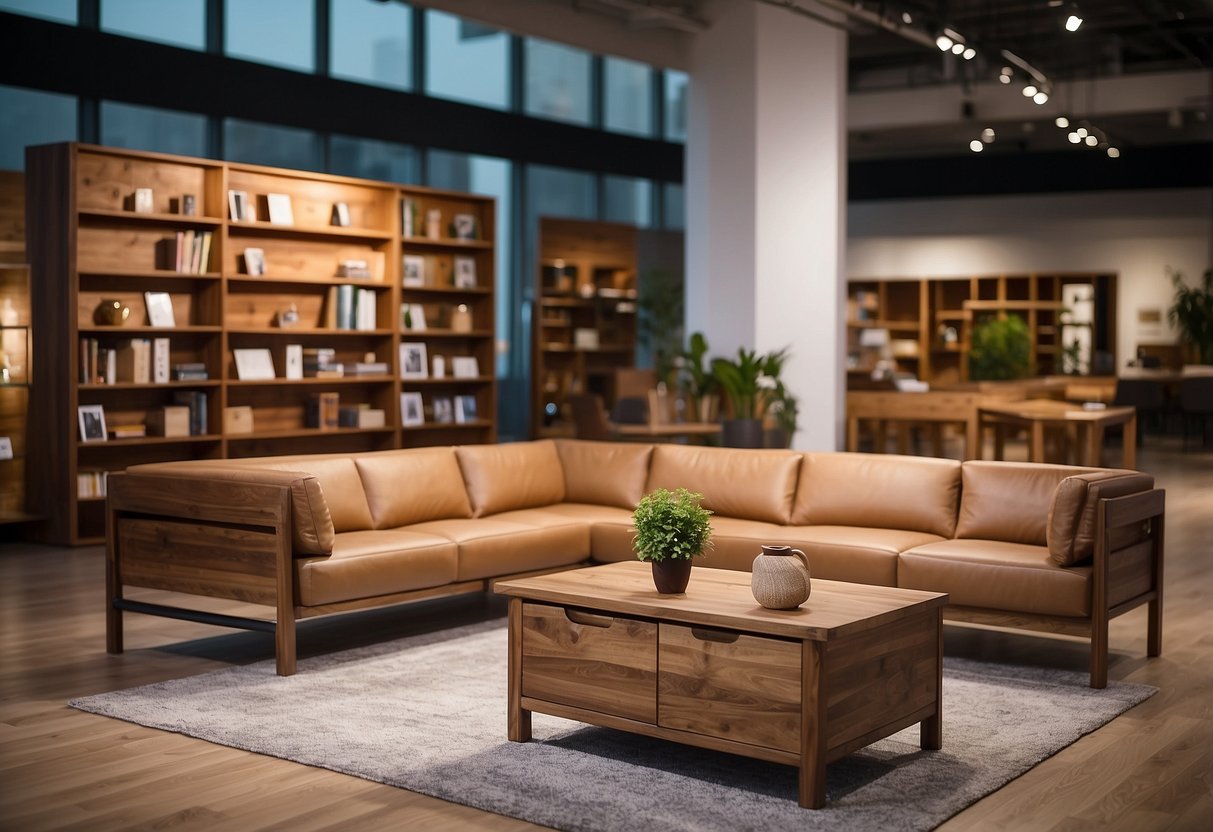 A namu wood furniture display with a sign reading "Frequently Asked Questions" and various pieces showcased in a well-lit showroom