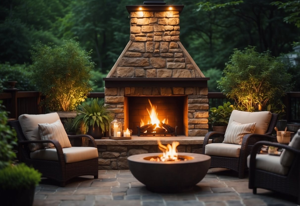 A cozy outdoor fireplace area with comfortable furniture, surrounded by lush greenery and soft lighting