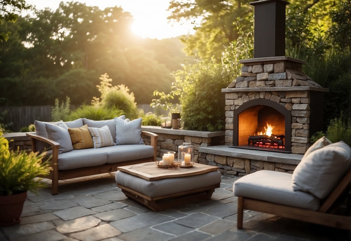 A cozy outdoor fireplace with comfortable furniture, surrounded by lush greenery and soft lighting, creating a warm and inviting atmosphere