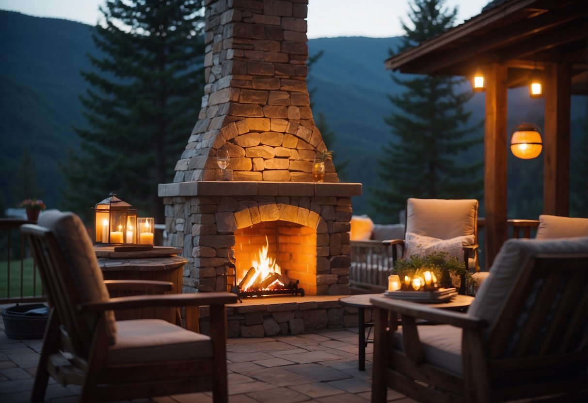 A cozy outdoor fireplace surrounded by comfortable furniture, with a stack of firewood nearby and soft lighting creating a warm and inviting atmosphere