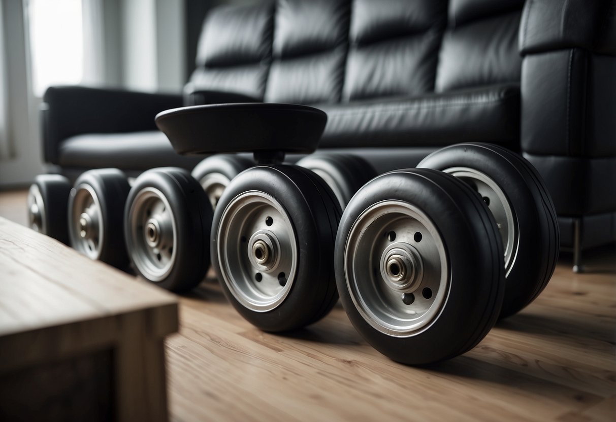 Furniture moving wheels roll under a heavy sofa, lifting it off the ground. The wheels are attached to a sturdy metal frame, allowing for easy maneuverability