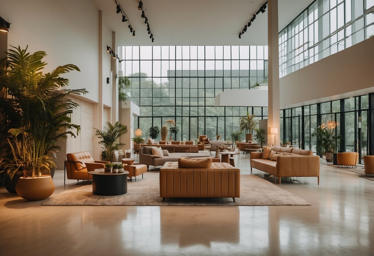 A modern furniture showroom in Tan Boon Liat Building, with sleek designs and natural materials, bathed in soft natural light