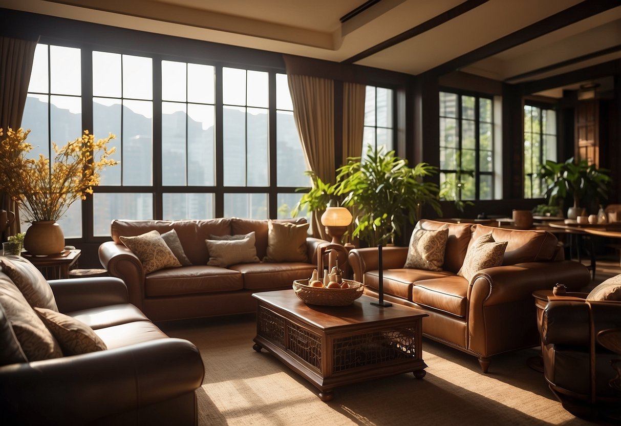 A cozy living room with elegant furniture from Tan Boon Liat's collection. Sunlight streams in through large windows, highlighting the rich textures and warm tones of the pieces