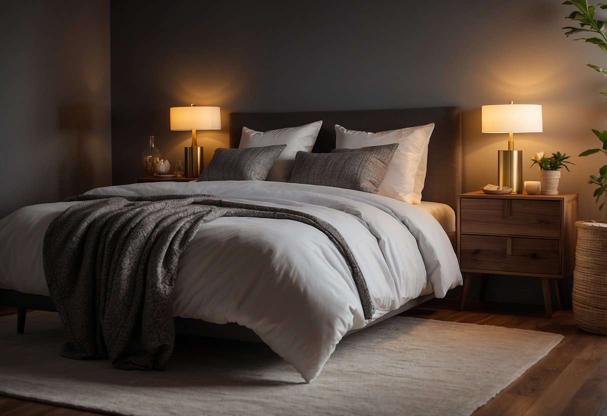 A bed sits in a well-lit room, with a source of light casting a warm glow on the furniture