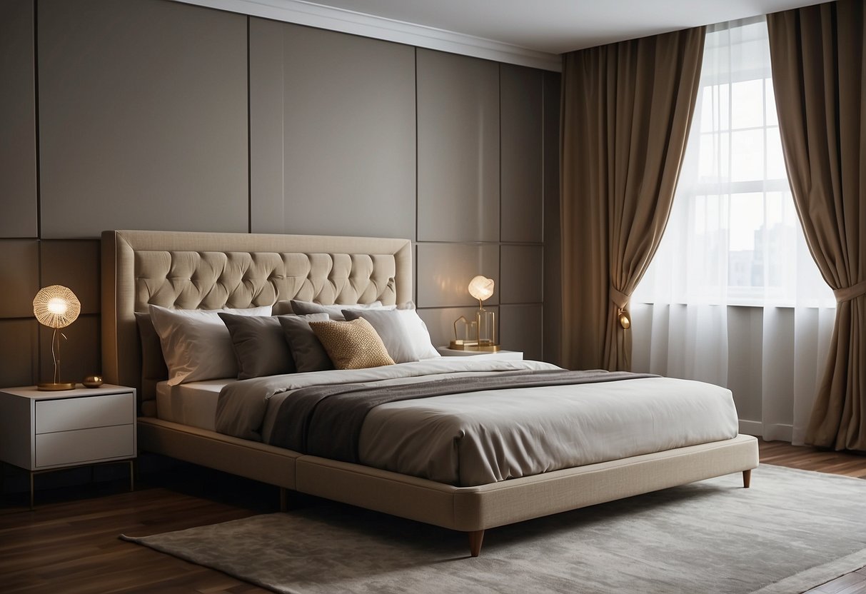 A bed sits in a room with a furniture source nearby. Dimensions are displayed